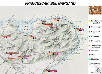 Mappa degli insediamenti francescani sul Gargano, redatta dallo scrivente nel 2013. Si trova nel corridoio di ingresso del convento di S. Matteo a S. Marco in Lamis.