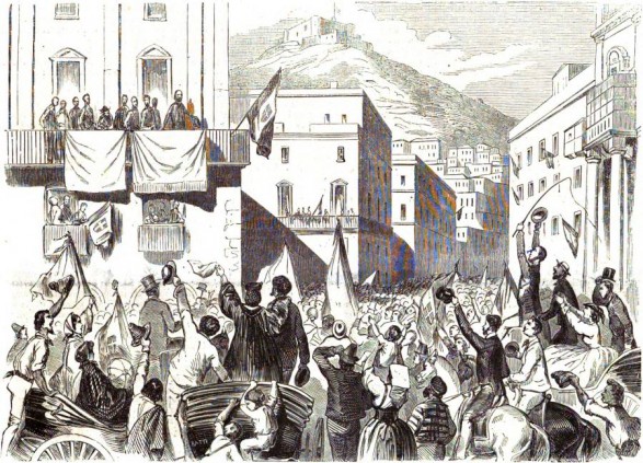 Garibaldi che proclama a Napoli il governo di Vittorio Emanuele II dal palazzo della Foresteria.