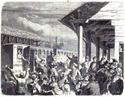 Partenza di volontari garibaldini da Milano in una illustrazione del 1860.