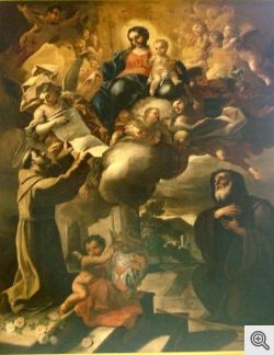 La Vergine Maria consegna a S. Francesco il privilegio della Porziuncola; a destra S. Francesco di Paola
