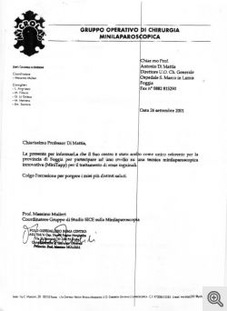Il fax inviato al dott. Di Mattia dal Gruppo Operativo di Chirurgia Minilaparoscopica il 26 settembre 2001
